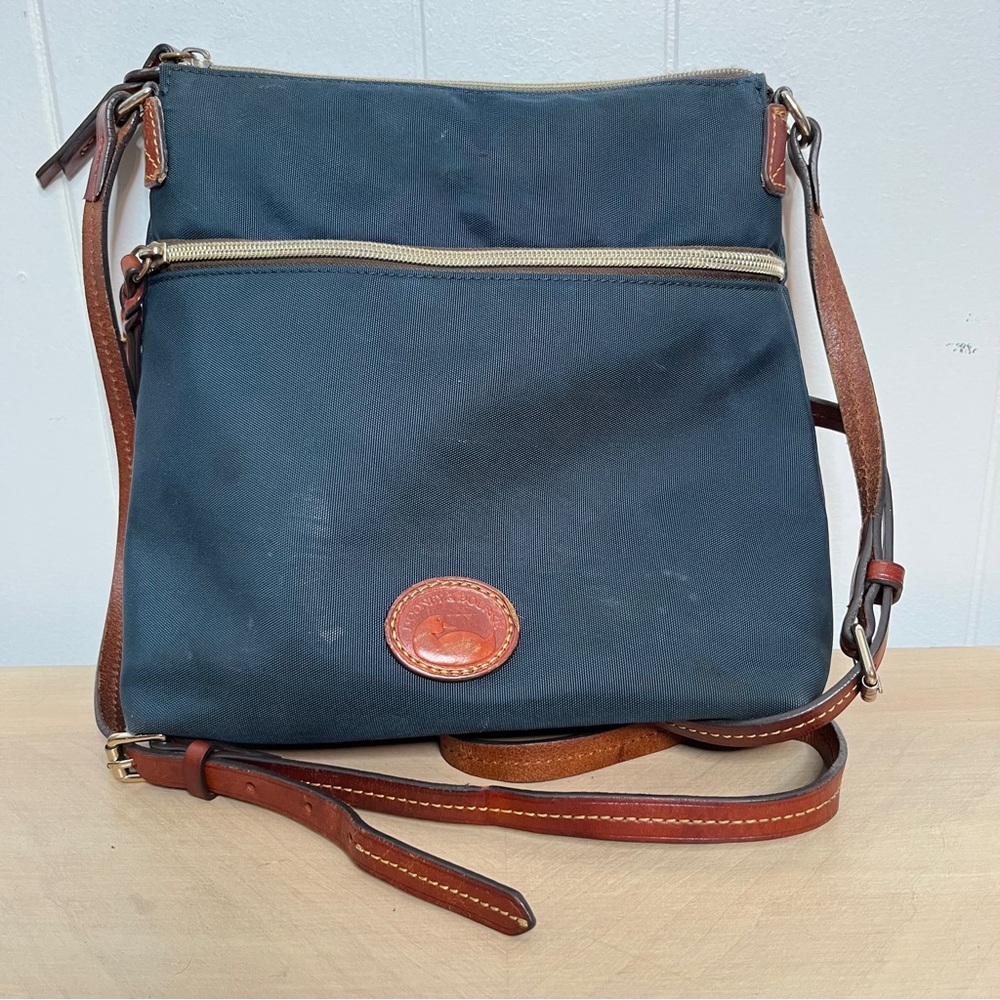 Dooney & Burke Blue Nylon Crossbody Bag with Brown Leather Details Zip Closure